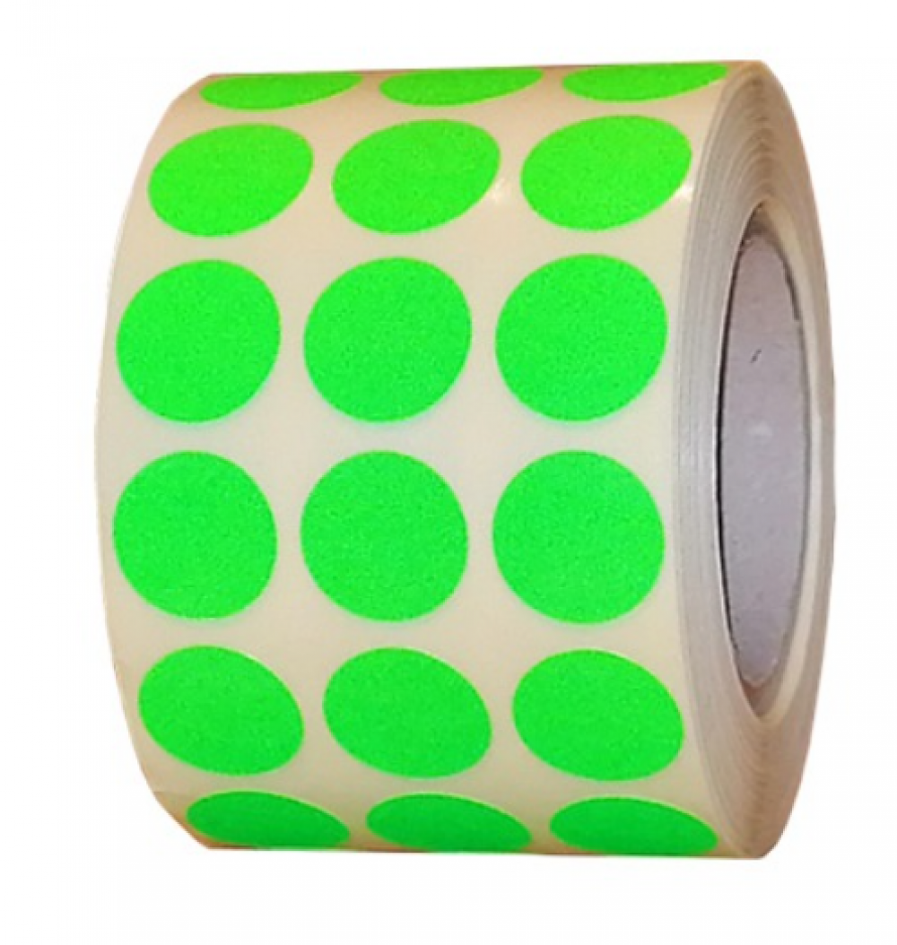 Role de etichete semilucioase, rotunde, verde fluorescent, 15mm, 3000 etichete/rola
